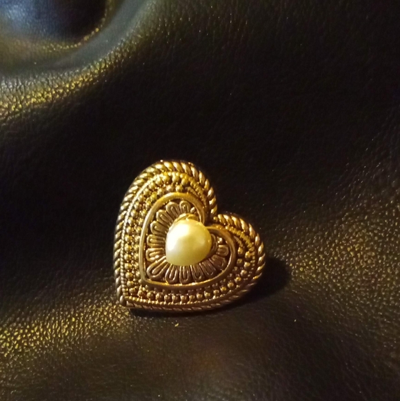 Jewelry - Gold Heart-Shaped Brooch with Pearl Accent